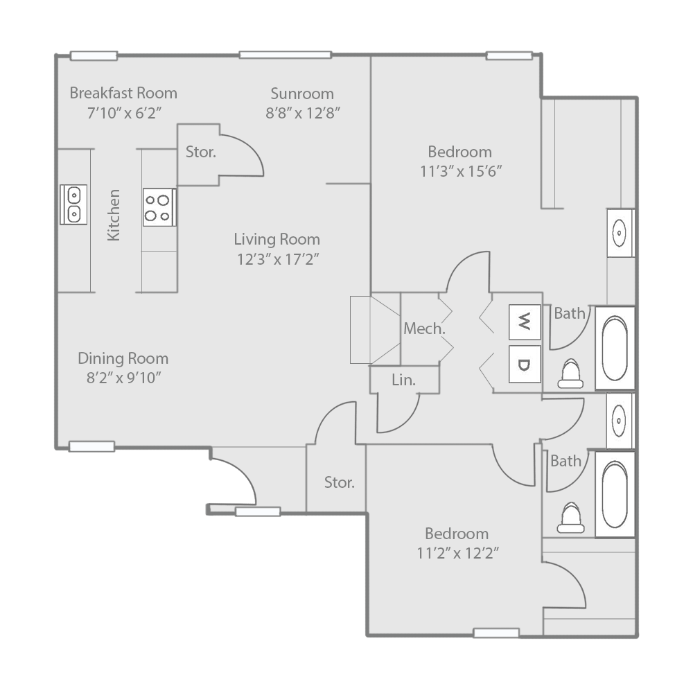 Floor plan for 2 beds, 2 baths, 1311 sqft